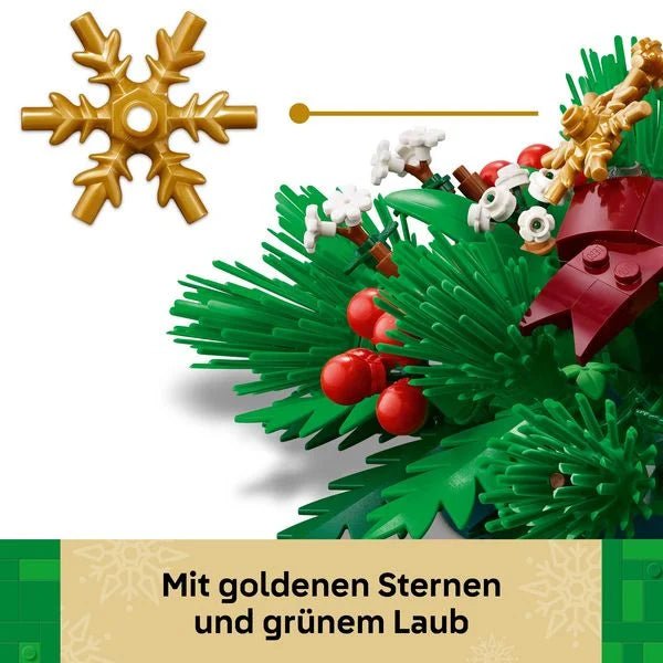 Detailliertes LEGO Weihnachtsdekorationsset mit Kerze und grünem Blattwerk
