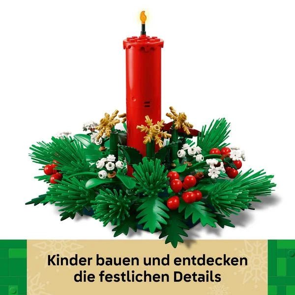 LEGO Weihnachtstischschmuck mit Kerze und dekorativen Elementen als winterliche Deko
