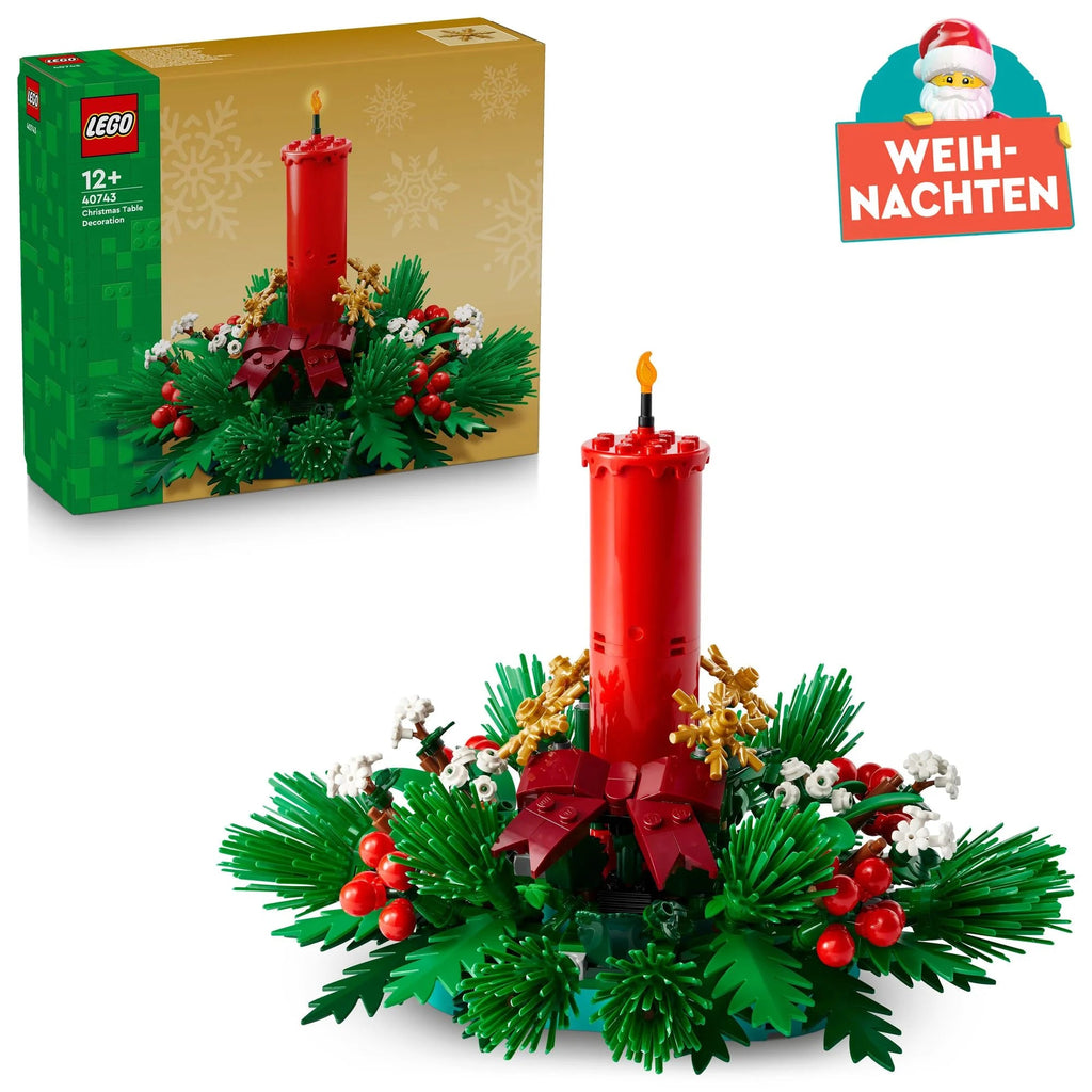 LEGO Weihnachtsgesteck 40743 mit roter Kerze, Beeren, Sternen und Blättern als Tischdeko
