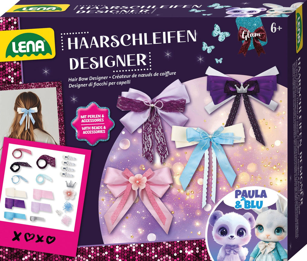 LENA Haarschleifen Designer Set mit Satin und Glitzerbändern Perlen und Anleitung zum kreativen Gestalten für Kinder ab 6 Jahren
