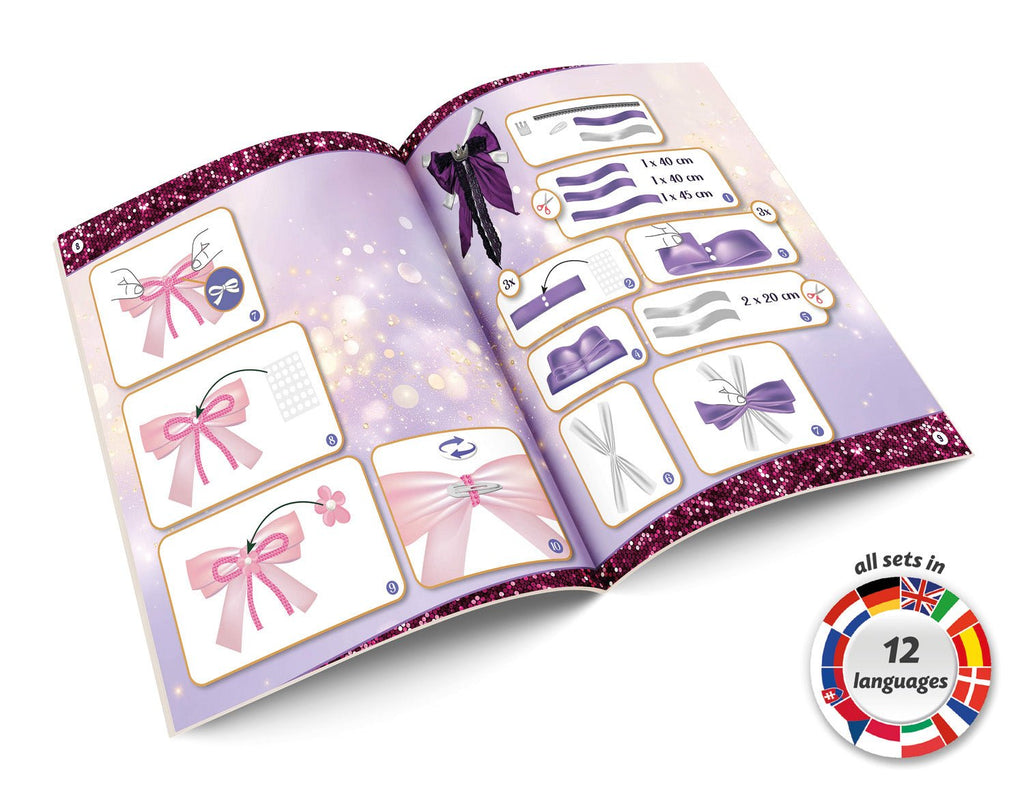 LENA Haarschleifen Designer Set mit Spitzenband Glitzerband Anhängern und Haarspangen für kreative Kinder
