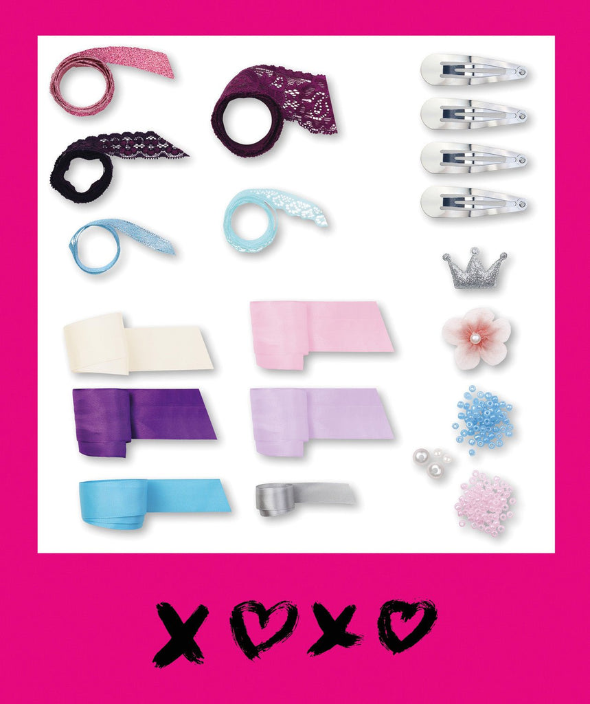 Kreativset Haarschleifen Designer von LENA mit Bastelbändern Perlen und Spangen für eigene Haaraccessoires
