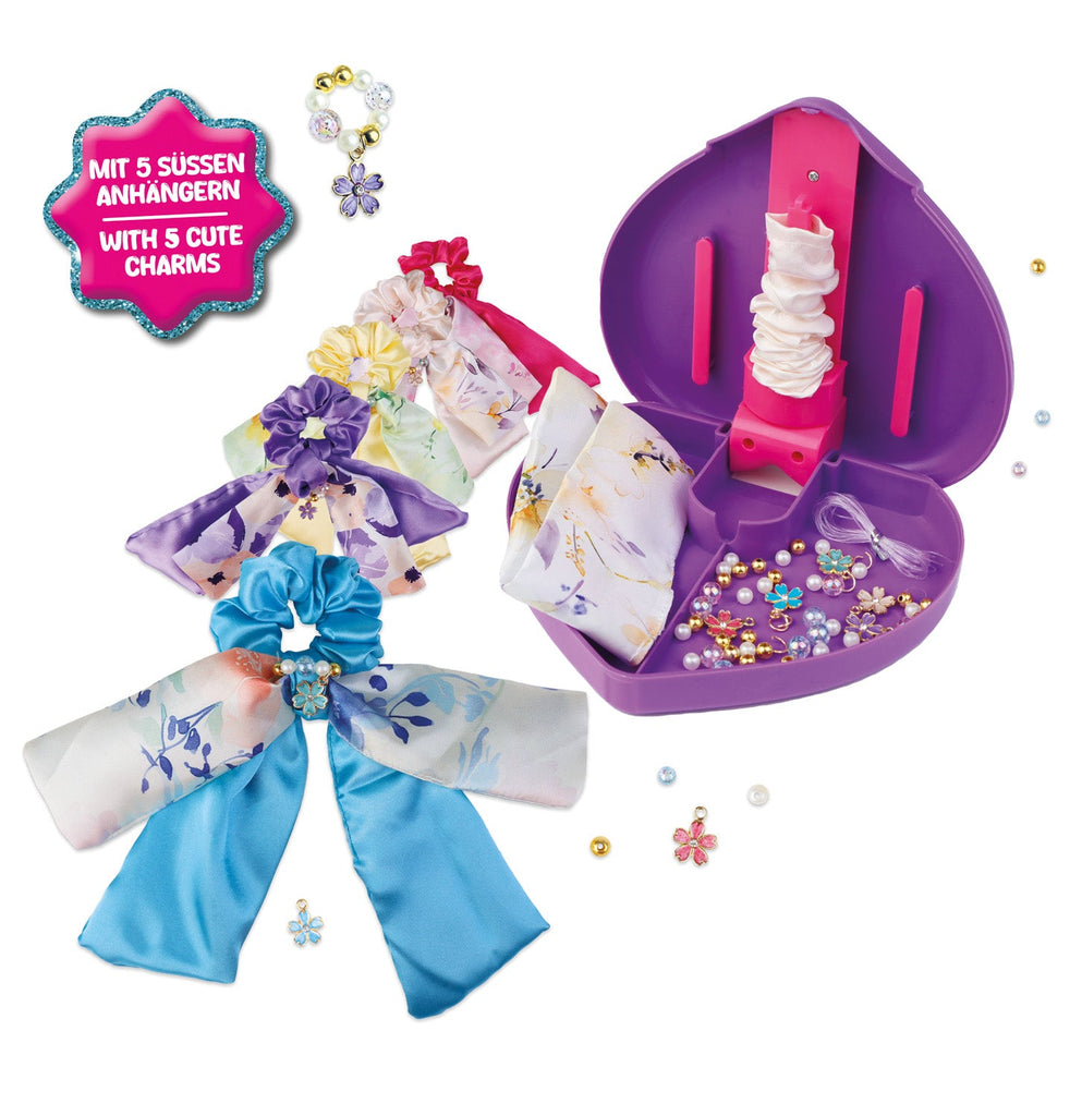 Kreatives Scrunchies Nähset von LENA mit Stoff Gummiband Herzbox und Funktionsbox ideal für modische DIY Projekte
