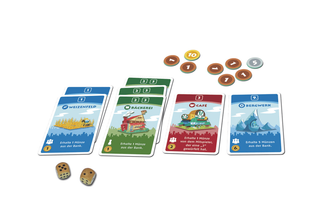 Machi Koro Familienspiel ab 8 Jahren mit Karten und Würfeln, Städtebau