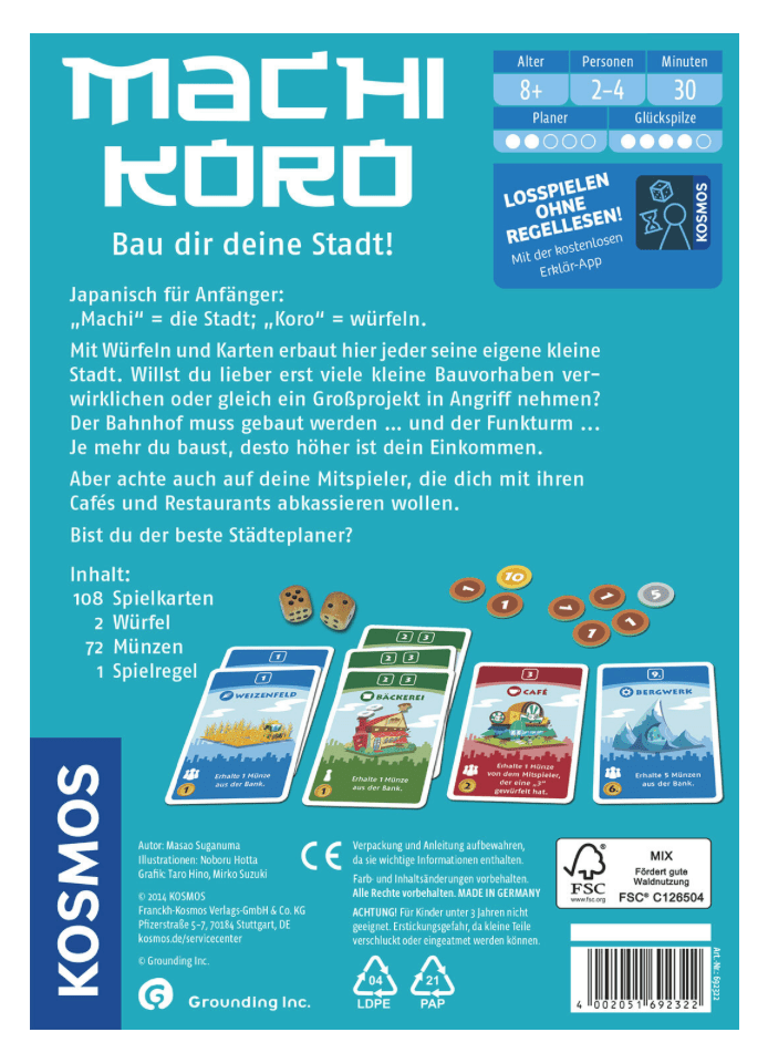 Machi Koro Familienspiel ab 8 Jahren mit Karten und Würfeln, Städtebau