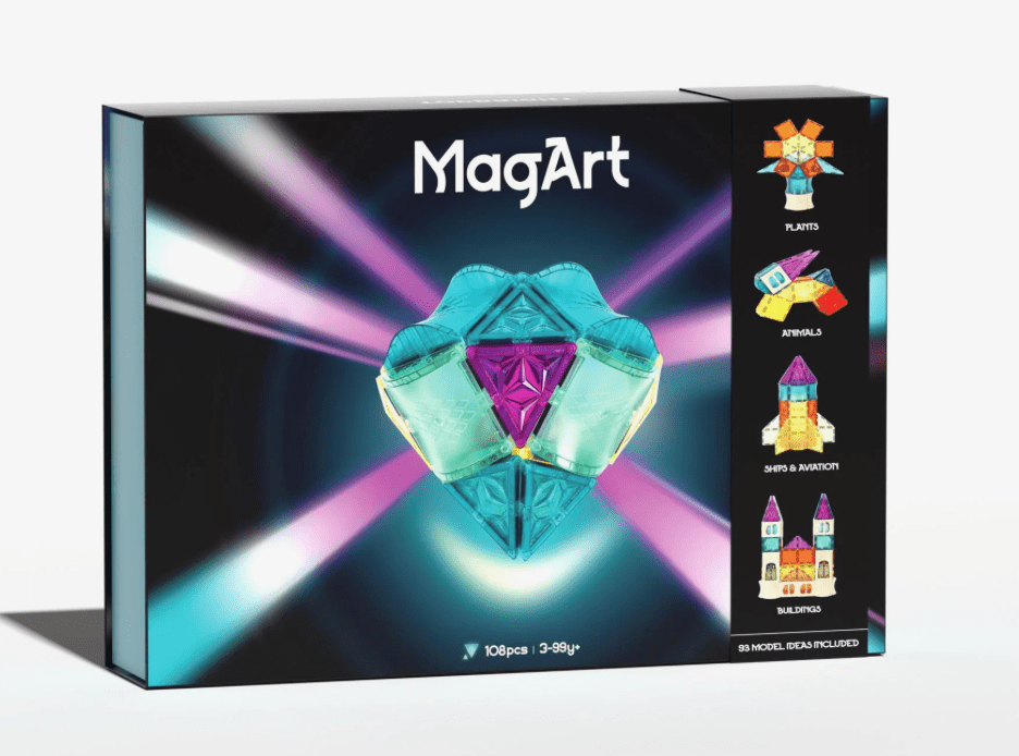 Magnet-Tiles Set 108-teilig mit 3D Bausteinen und Ideenheft
