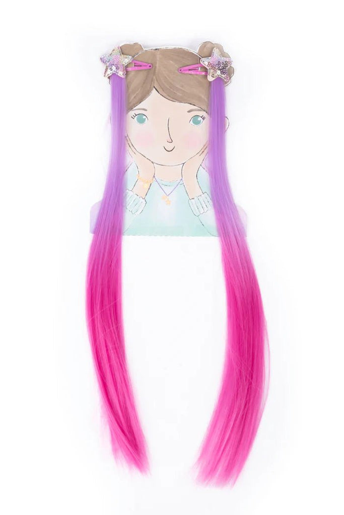 Ombre Pink‑ und Lila‑Extensions mit Glitzerstern ab 3 Jahren