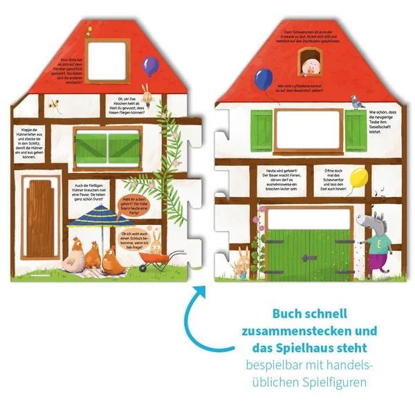 Kinderbuch Bauernhof mit Klappen, Fenstern und Spielfiguren
