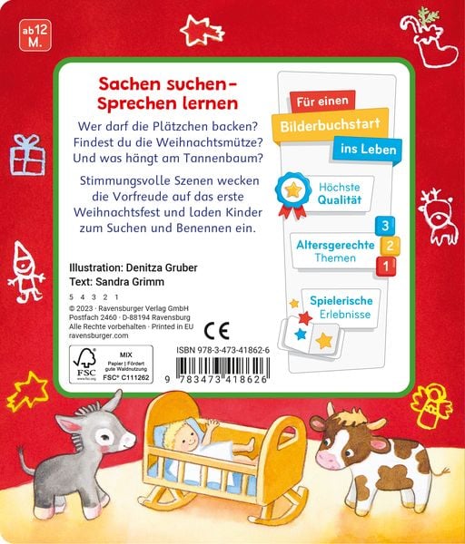 Weihnachtsbuch für Kleinkinder mit Suchszenen und dicken Seiten
