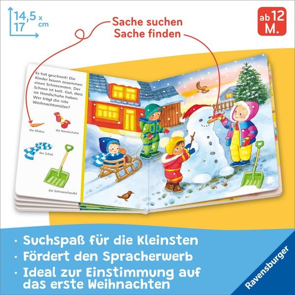Aufgeschlagenes Weihnachts-Wimmelbuch mit Suchbildern für Kleinkinder
