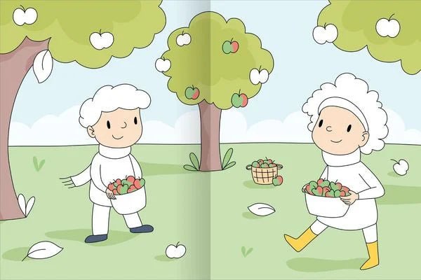 Herbst-Malbuch mit Tieren und Kindern beim Drachensteigen
