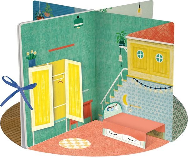 Offenes Stickerhaus mit Pop-up Möbeln und Klappen für kreative Kinder