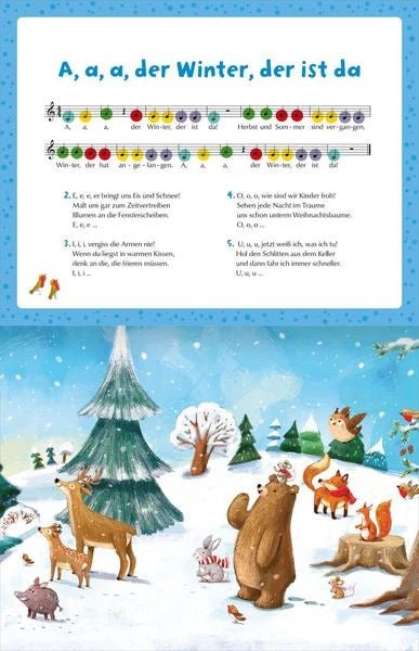 Musikbuch für Kinder mit Klaviertastatur und Illustrationen
