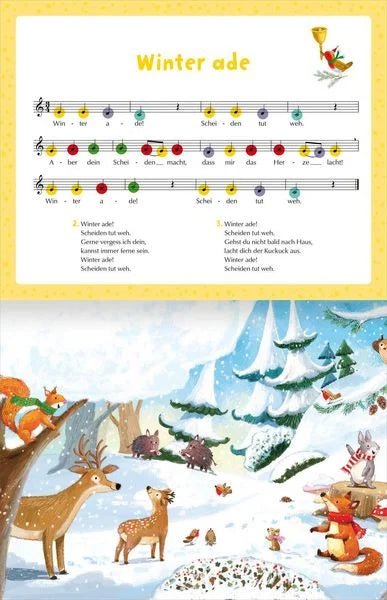 Kinderbuch mit Klaviertasten und bunten Noten zum Mitspielen
