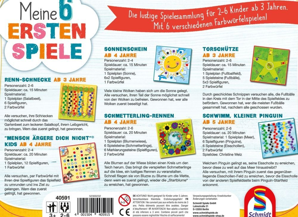 Spielesammlung ab 3 Jahren mit 6 Kinderspielen im Metallkoffer, inkl. Farbwürfelspiel