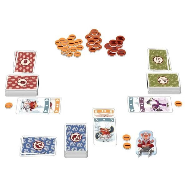 Karten und Minuschips aus dem Spiel Meister Makatsu
