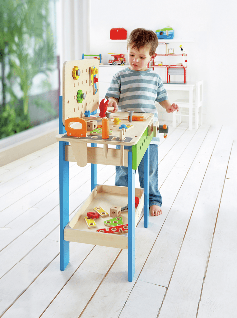 Hape Werkbank bunt mit Zubehör für Rollenspiel Kinder
