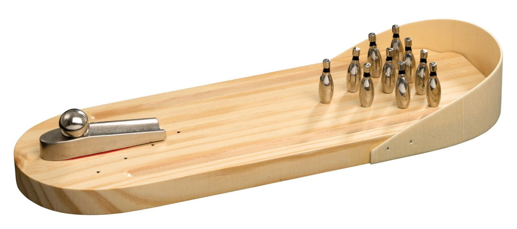 Mini Bowling Tischspiel aus Holz und Metall, kompaktes Geschicklichkeitsspiel