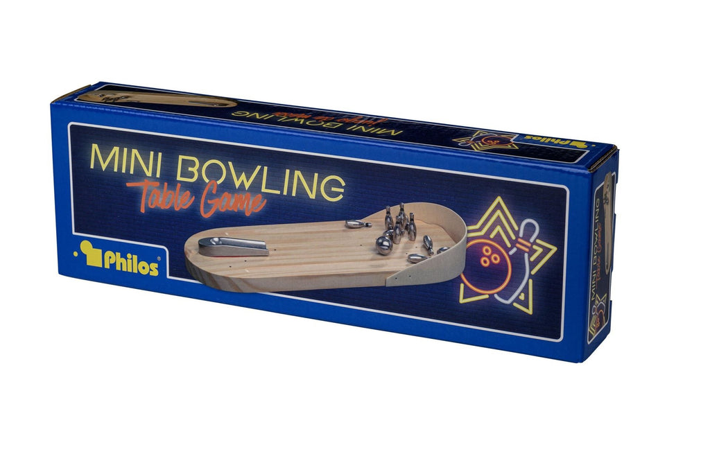 Mini Bowling Tischspiel aus Holz und Metall, kompaktes Geschicklichkeitsspiel