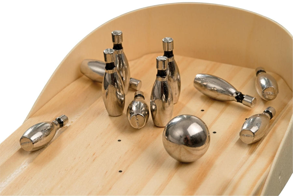 Mini Bowling Tischspiel aus Holz und Metall, kompaktes Geschicklichkeitsspiel