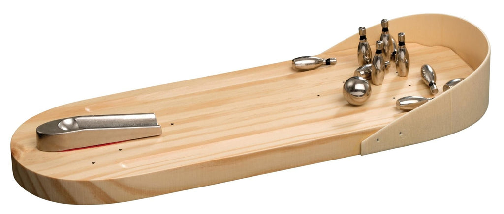Mini Bowling Tischspiel aus Holz und Metall, kompaktes Geschicklichkeitsspiel
