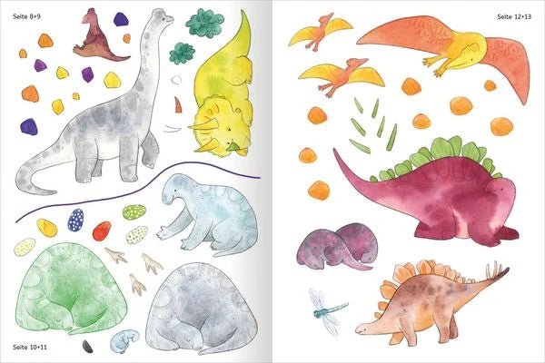 Dino-Szenen nach Text gestalten – Stickerlernheft