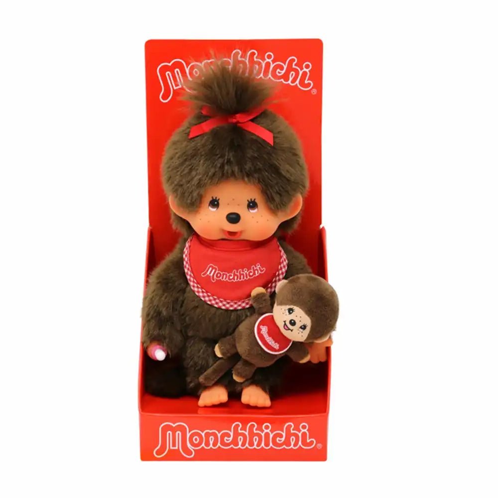 Original Monchhichi Mädchen rot Latz rote Schleife mit Mini-Monchhichi