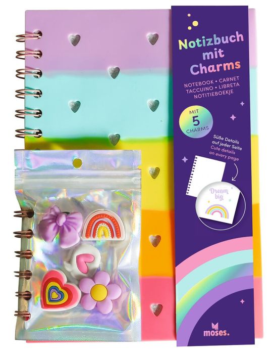 Notizbuch mit Regenbogen-Einband und fünf Silikon-Charms
