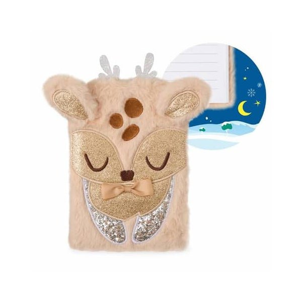 Trendhaus Notizbuch A5 mit flauschigem Rentierumschlag und glitzernden Applikationen, 80 linierte Seiten
