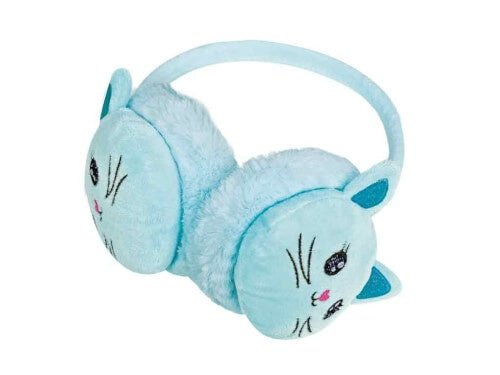 Blaue Ohrenwärmer für Kinder im Katzen-Design aus weichem Plüsch für warme Ohren
