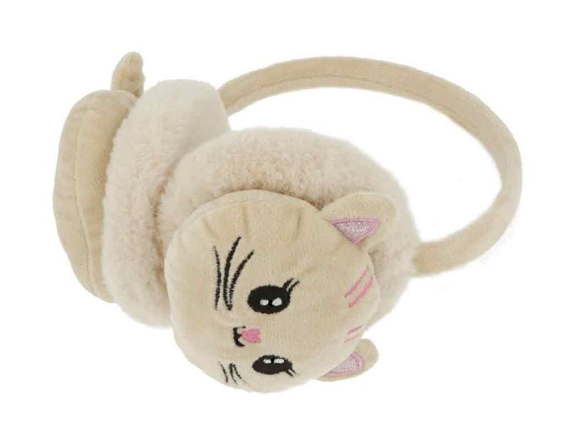 Cremefarbene Ohrenwärmer für Kinder im Katzen-Design aus weichem Plüsch für warme Ohren
