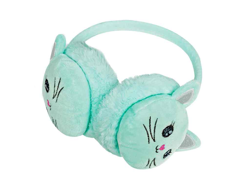 Mintfarbene Ohrenwärmer für Kinder im Katzen-Design mit weichem Plüsch für warme Ohren
