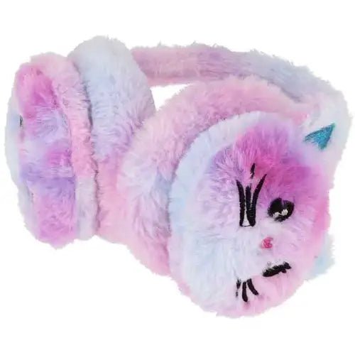 Flauschige Kinder-Ohrenwärmer in Regenbogenfarben mit gesticktem Katzengesicht

