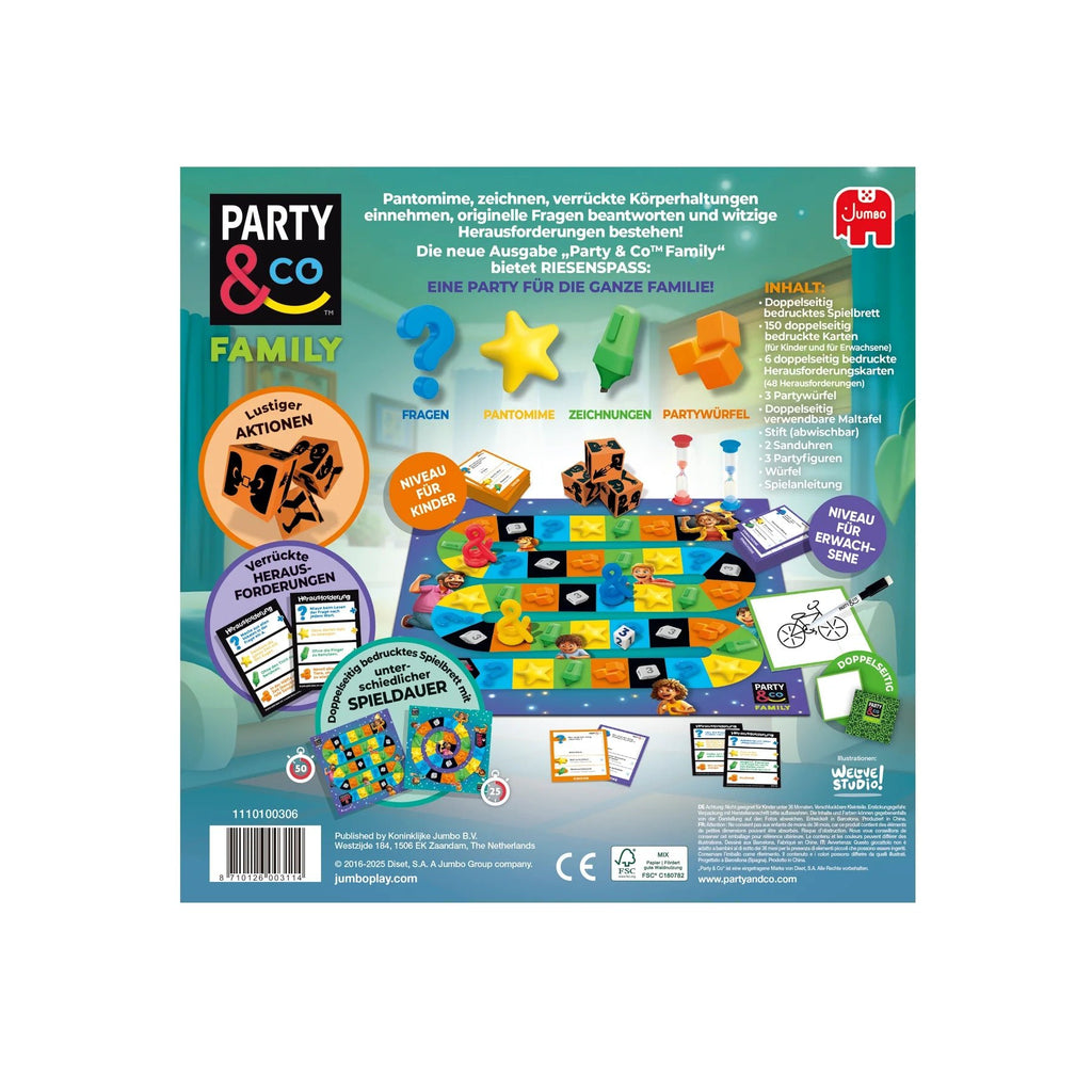 Rückseite der Verpackung Party & Co Family Spielbox – Familienspiel für Kinder ab 8 Jahren
