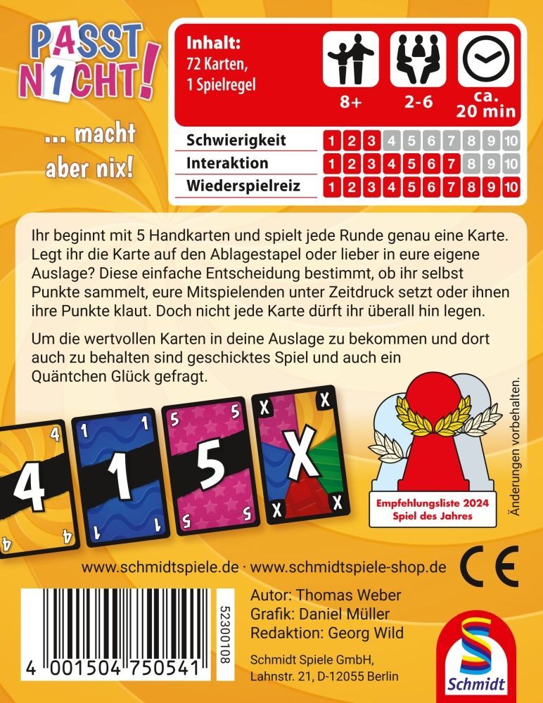 Passt nicht! Kartenspiel ab 8 – taktisches Spiel mit Farben & Zahlen für Familien