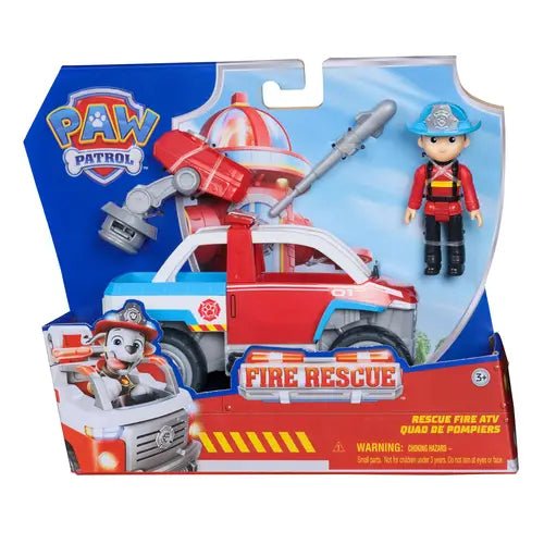 PAW Patrol Fire Rescue Ryder Fahrzeug mit Figur auf weißem Hintergrund
