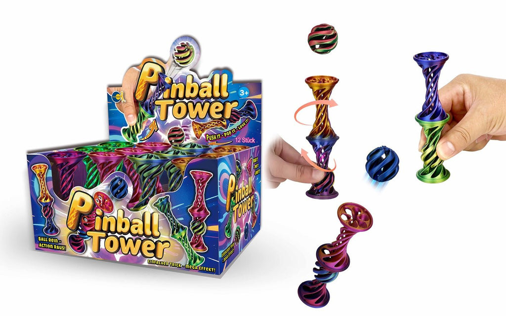 Mini Pinball Tower Kugelbahn für Kinder als kleines Action- und Fidget-Spielzeug für unterwegs.
