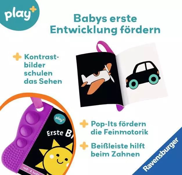 Babybuch Play+ Ravensburger mit Silikonleiste und Pop-its
