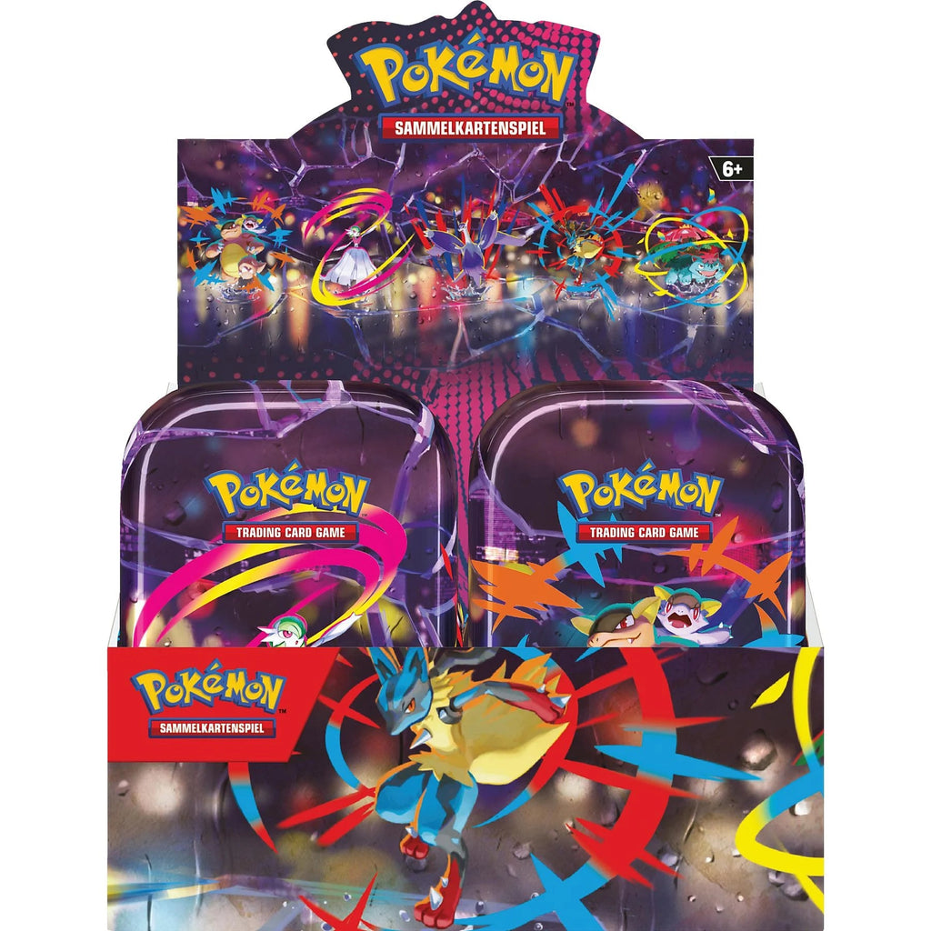 Pokémon Mega-Helden Mini-Tin Display Vorderseite mit Kangama und Guardevoir Motiv – Sammelkartenspiel Herbst Edition DE