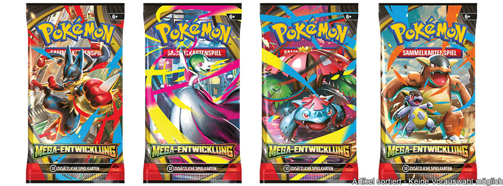 Pokémon Mega-Entwicklung Boosterpacks – 4 verschiedene Designs mit Lucario, Guardevoir, Bisaflor und Kangama, jeweils 10 Karten – Sammelkartenspiel DE