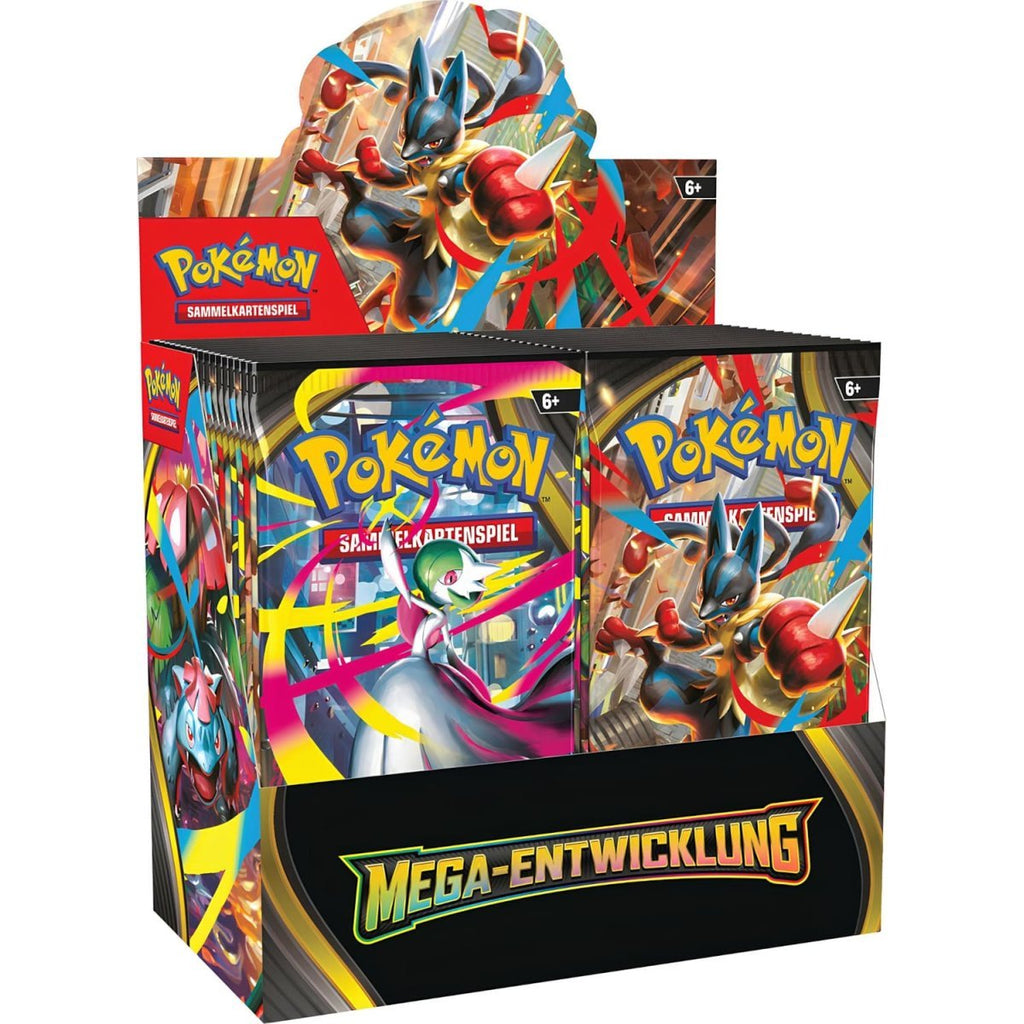 Pokémon Mega-Entwicklung Booster Display mit 36 Packs – Sammelkartenspiel Deutsch, verschiedene Designs mit Lucario, Guardevoir, Bisaflor & Kangama