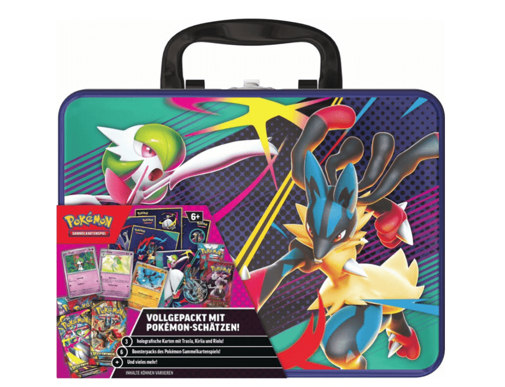 Pokémon Mega-Entwicklung Sammelkoffer 2025 geschlossen auf weißem Hintergrund

