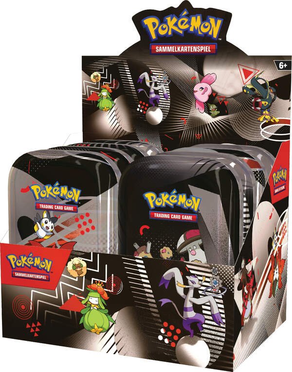 Pokémon Sammelkarten Karmesin & Purpur KP10.5 Mini-Tin Display – Vorderseite mit mehreren Sammelkarten-Mini-Tins im schwarzen Design