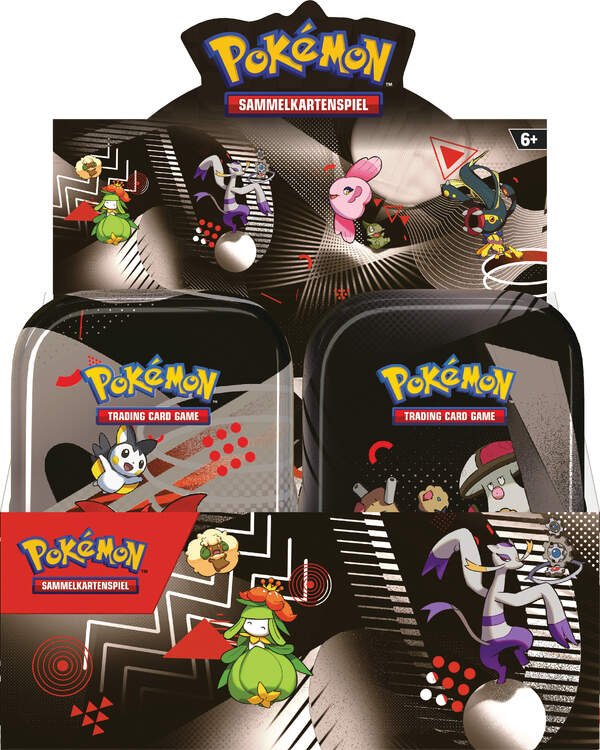 Pokémon Sammelkarten Karmesin & Purpur KP10.5 Mini-Tin Display – Vorderseite mit zwei sichtbaren Sammelkarten-Mini-Tins und bunten Pokémon-Abbildungen