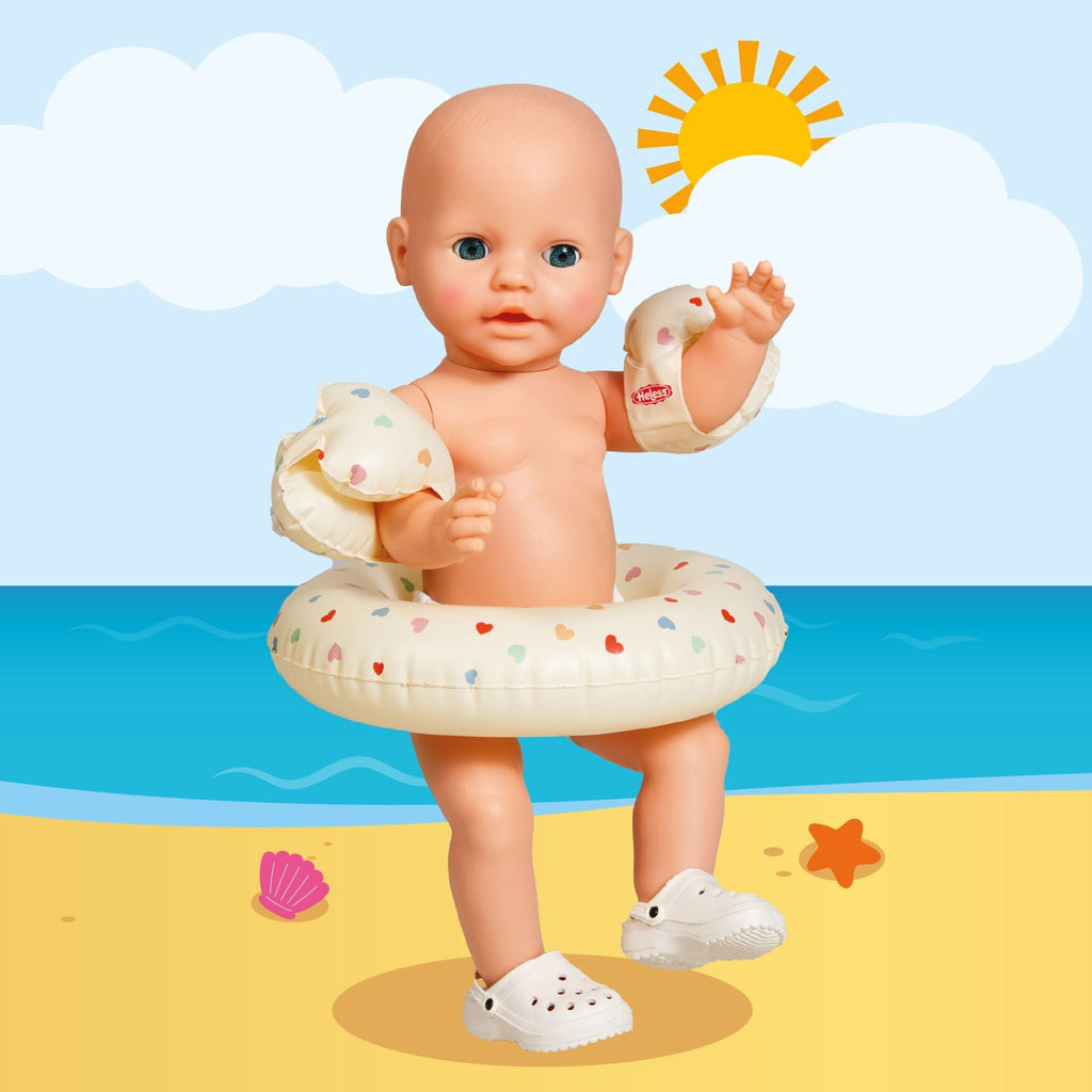Puppenclogs beige im Herz-Konfetti Schwimmset Heless