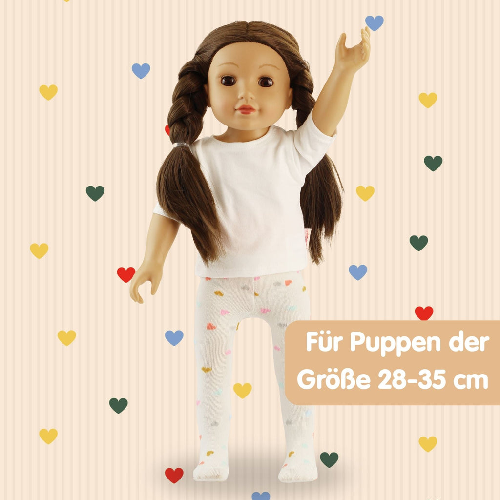 Puppenstrumpfhose beige mit bunten Herzchen und Söckchen