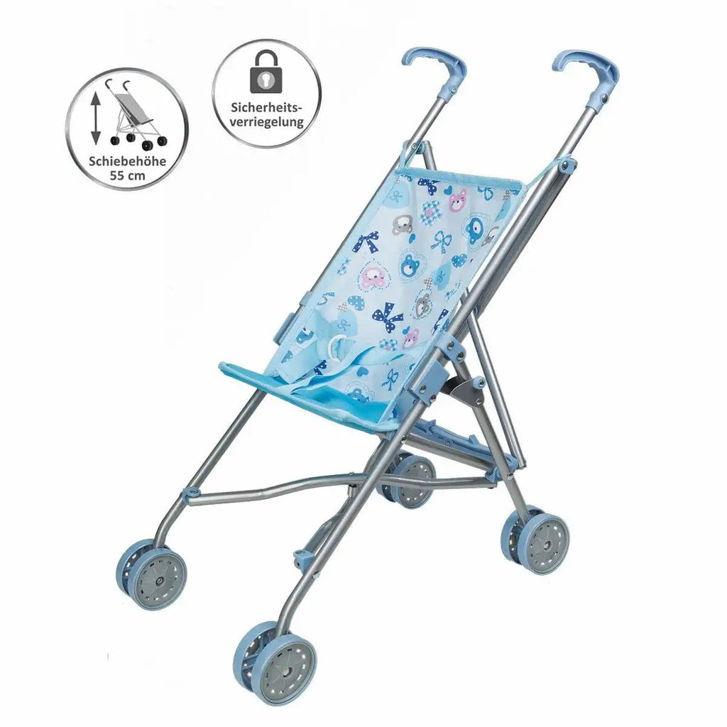 Idena Puppenwagen Buggy blau klappbar mit Anschnallgurt
