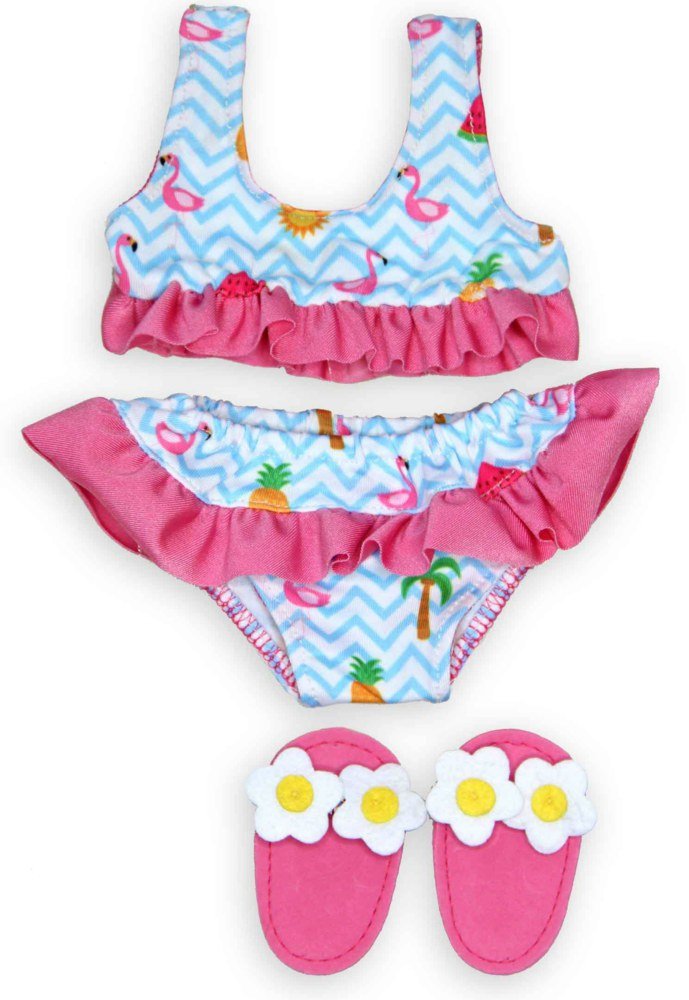 Puppenkleidung - Flamingo Bikini mit Badeschläppchen Gr. 28 - 33cm - Heless