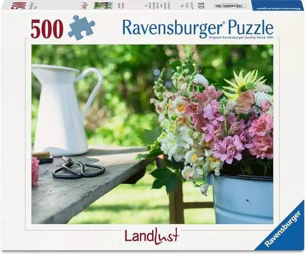 Verpackung des Ravensburger 500 Teile Puzzles "Sommerbunte Löwenmäulchen" mit Blumenmotiv