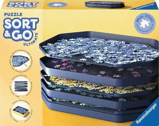 Verpackung des Ravensburger Sort & Go Ultimate mit vier befüllten Puzzle-Schalen, geeignet für bis zu 3.000 Teile